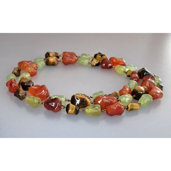 Vintage Signed LES BERNARD   Nat Stone Necklace Tigers Eye Jade Carnelian 36 in - Picture 4 of 9